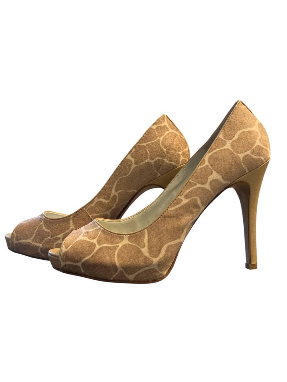 Nine West Tan/White Giraffe Print Peep-Toe Stiletto Heels Size 8M